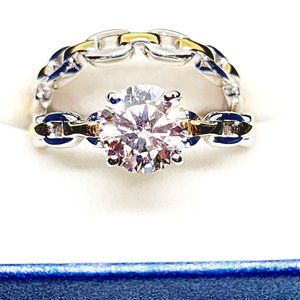 Moissanite chain band engagement ring set in 14K YG and Plat/925 SS sz 9 1.75ct